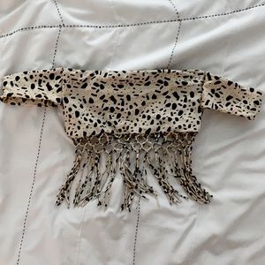 Speckled bandeau bikini top with attached sleeves